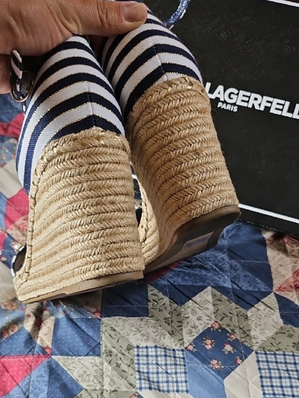 Karl Lagerfeld Navy Striped Wedge Sandals with Embellished Strap - Picture 4 of 5
